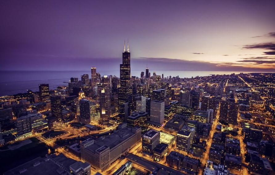 Chicago skyline aerial view at dusk